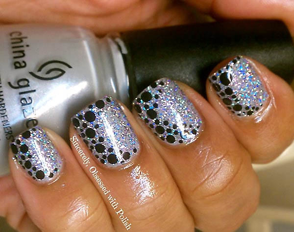stamped black dots silver holo winter nails