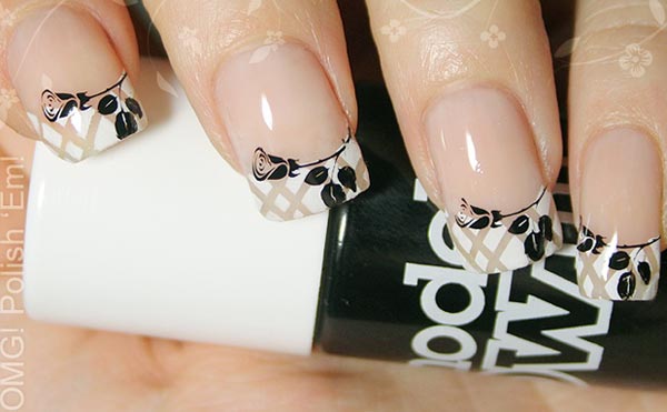 stamped black roses classy french nails