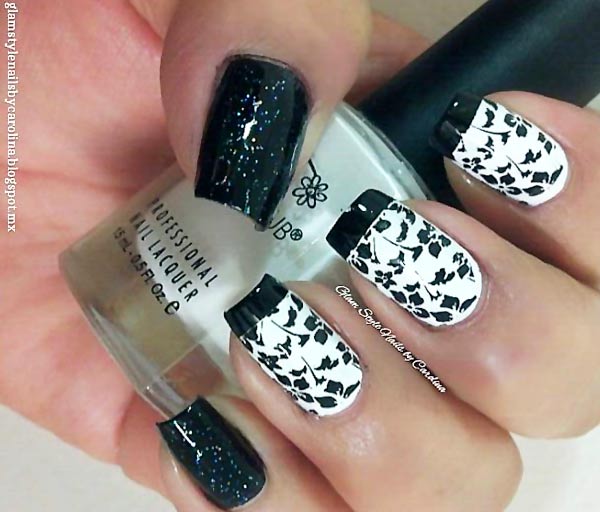 stamped flowers black tipped french nails