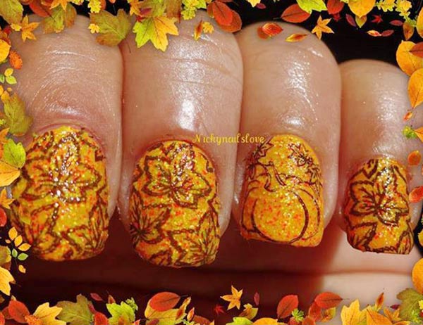 stamped leaves orange textured fall nails