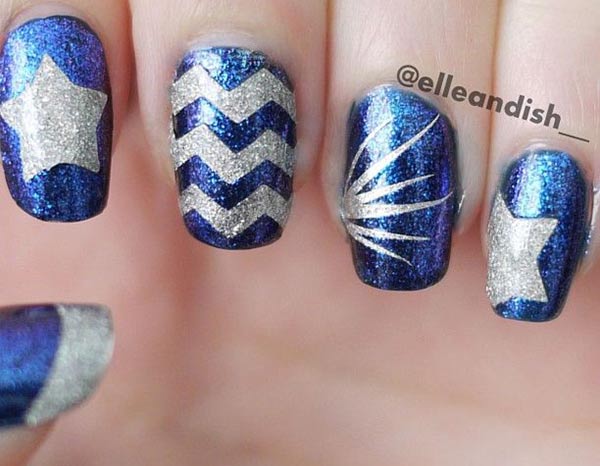 star chevron rays blue silver festive nails