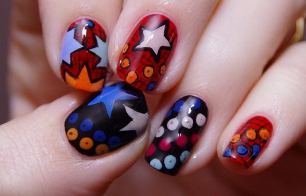 stars dots black red cartoons nails