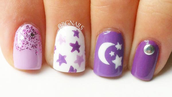 stars moon glitter purple nails