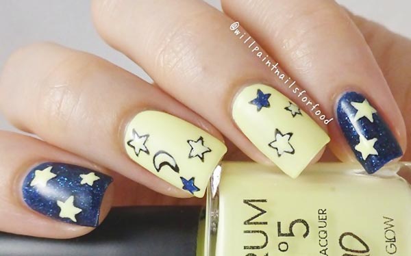 stars moon yellow blue night nails