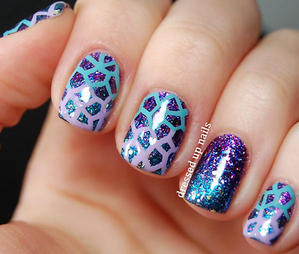 stone gradient geometry over purple glitter nails
