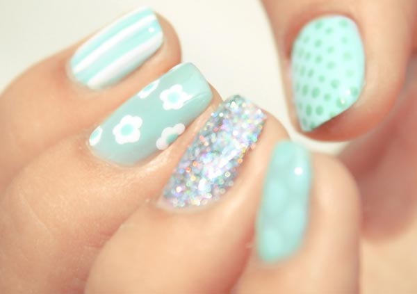 striped dotted flowers glitter seafoam nails