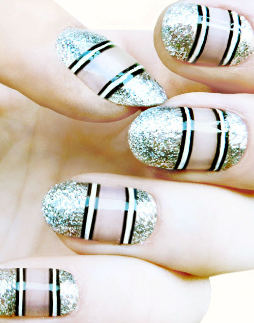 stripes and glitter nails