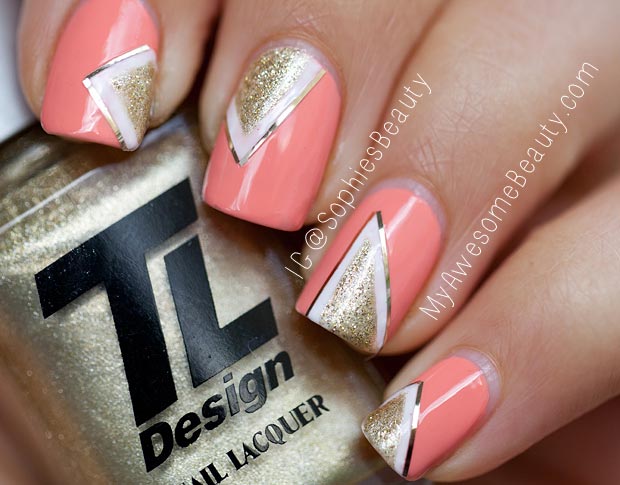 stripes gold white geometry coral nails