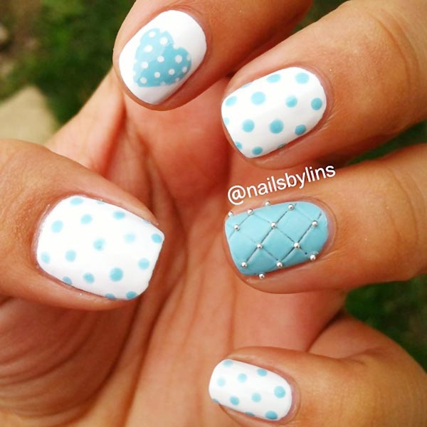 teal dots hearts beads on white nails
