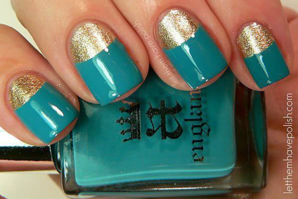 teal golden half moon nails