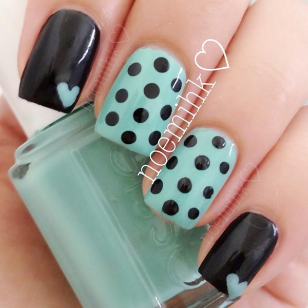 teal hearts black dots lovely nails