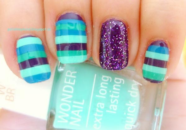 teal turquoise purple stripes nails
