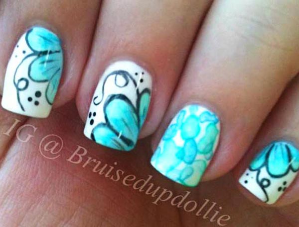 turquoise flowers white delicate freehand nails
