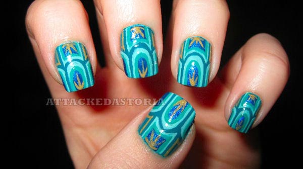 turquoise freehand nails