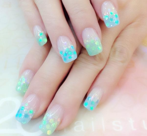 turquoise glitter french gradient nails