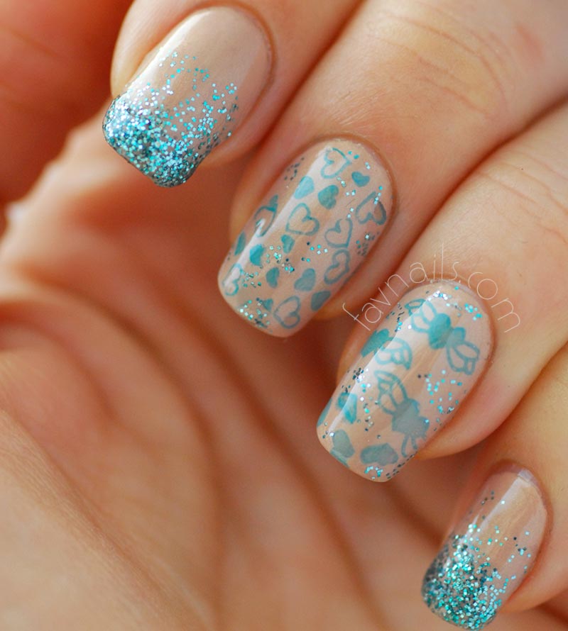 turquoise glitter hearts stamped Valentine's day nails