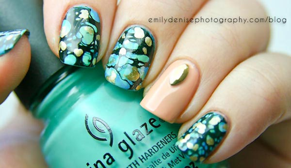 turquoise gold spray marbled nails