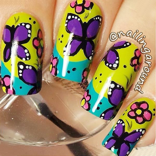 turquoise yellow french colorful butterfly nails