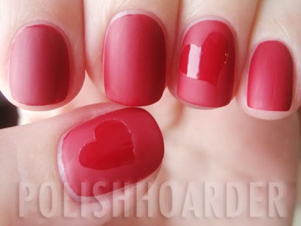 valentines day hearts on red matte nails