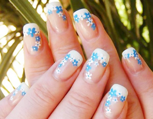 white blue flowers spring french nails