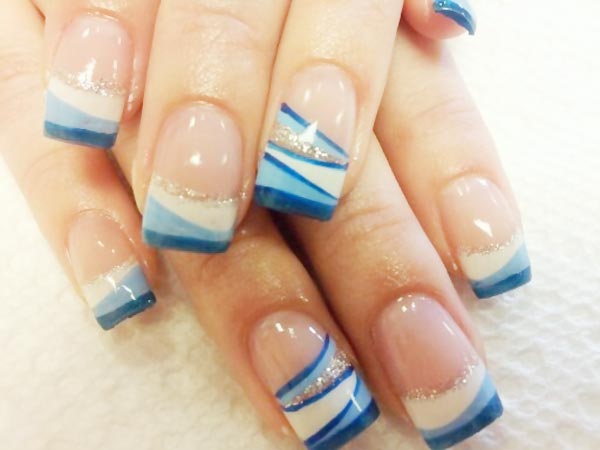 white blue stripes silver french nails