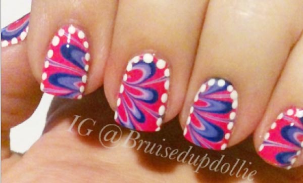 white dots frame pink blue marbled nails