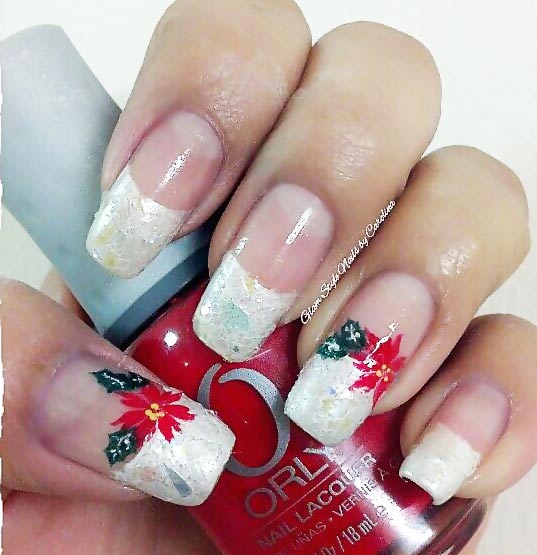 white glitter christmas poinsettia french nails