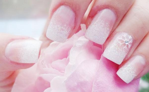 white glitter french bridal nails