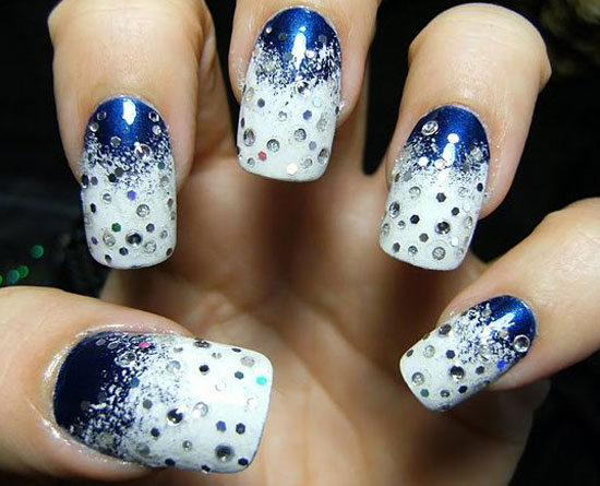 white snow rhinestones blue nails
