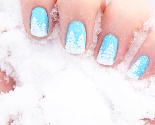 white trees blue winter nails