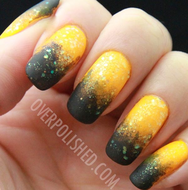 yellow black glitter matte gradient nails