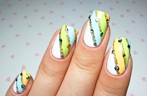 yellow blue green white stripes nails