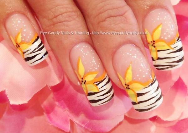 yellow flowers zebra french nails