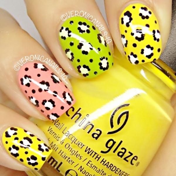 yellow green pink dotted leopard nails