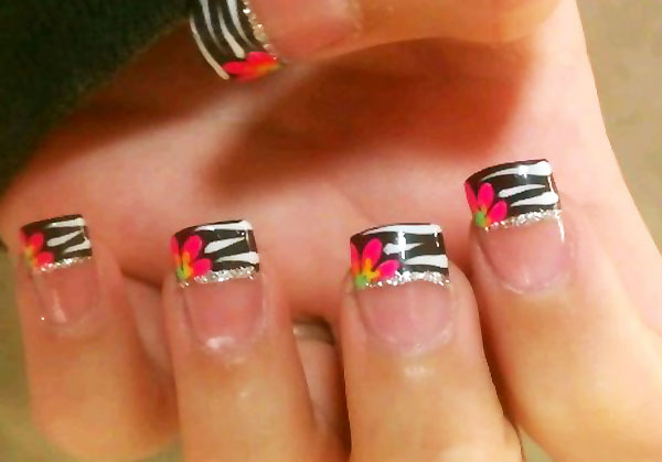 zebra flowers glitter french nails