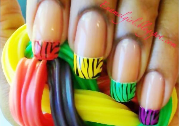 zebra rainbow colored french nails